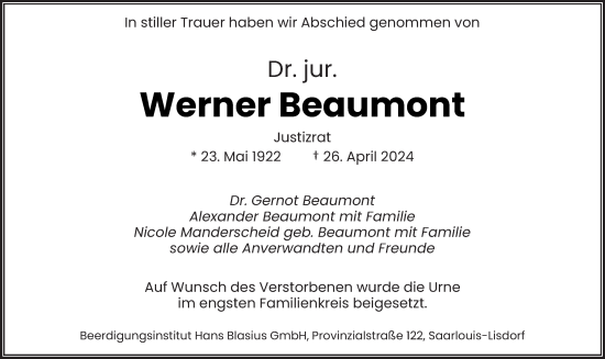 Traueranzeige von Werner Beaumont von saarbruecker_zeitung