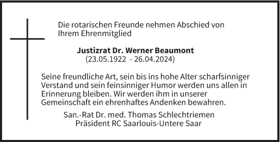 Traueranzeige von Werner Beaumont von saarbruecker_zeitung