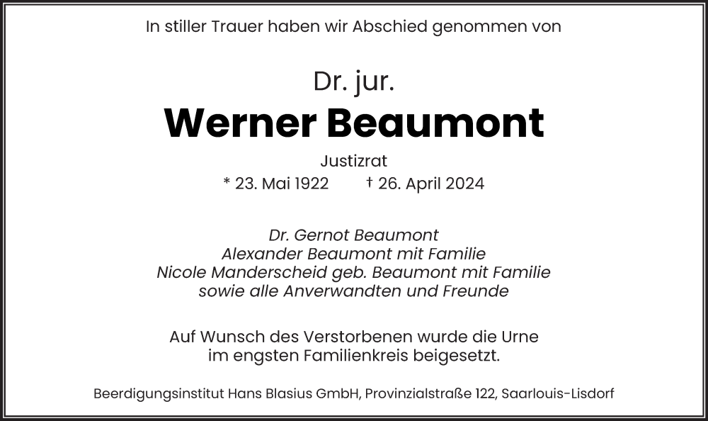  Traueranzeige für Werner Beaumont vom 18.05.2024 aus saarbruecker_zeitung
