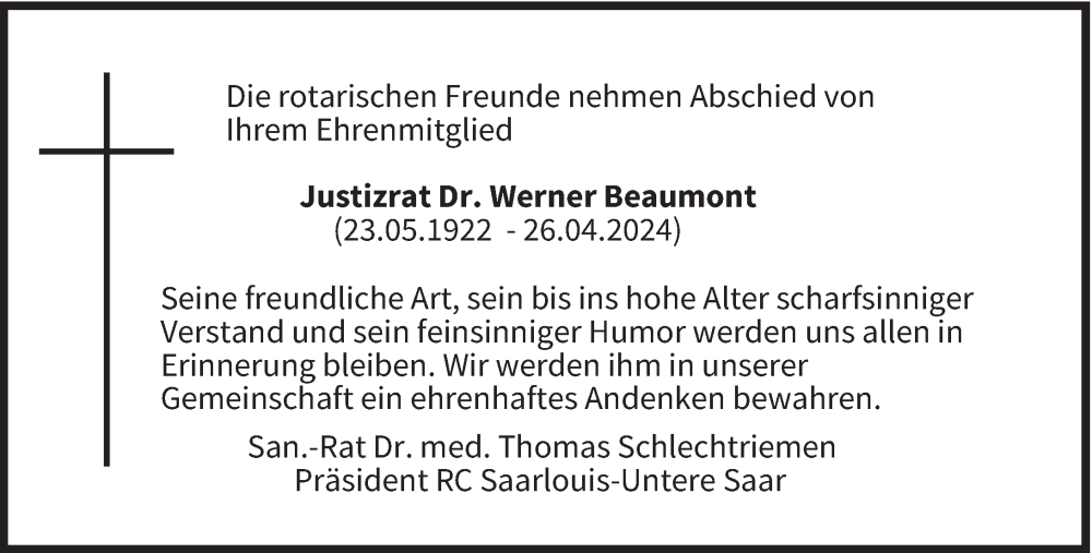  Traueranzeige für Werner Beaumont vom 18.05.2024 aus saarbruecker_zeitung