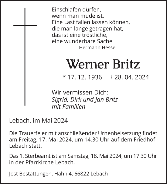 Traueranzeige von Werner Britz von saarbruecker_zeitung