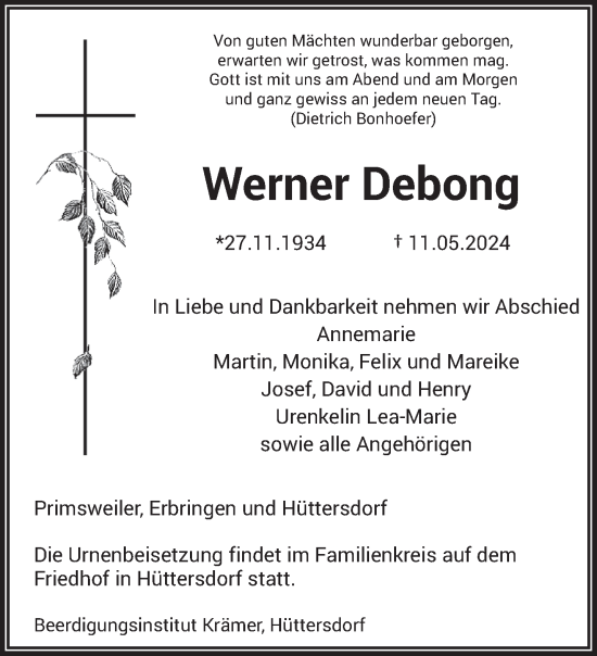 Traueranzeige von Werner Debong von saarbruecker_zeitung