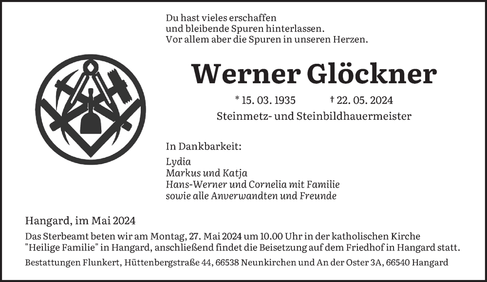  Traueranzeige für Werner Glöckner vom 25.05.2024 aus saarbruecker_zeitung