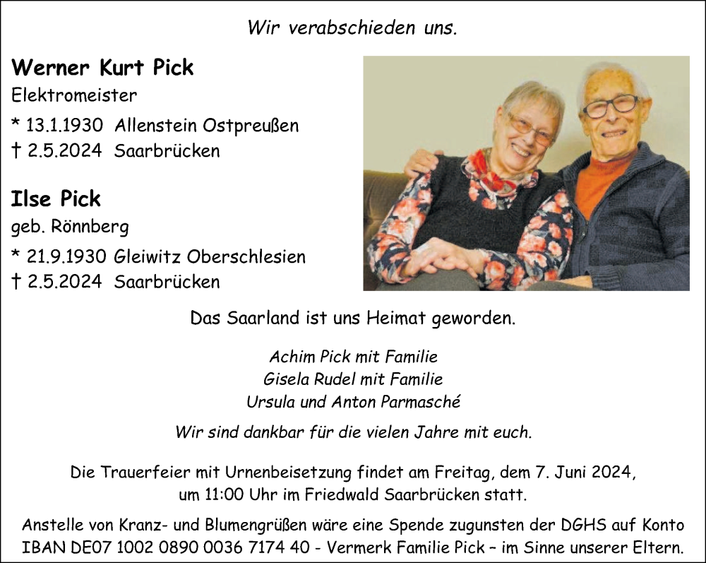  Traueranzeige für Werner Kurt und Ilse Pick vom 18.05.2024 aus saarbruecker_zeitung