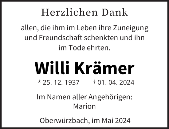 Traueranzeige von Willi Krämer von saarbruecker_zeitung