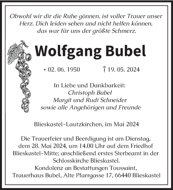 Traueranzeige von Wolfgang Bubel von saarbruecker_zeitung