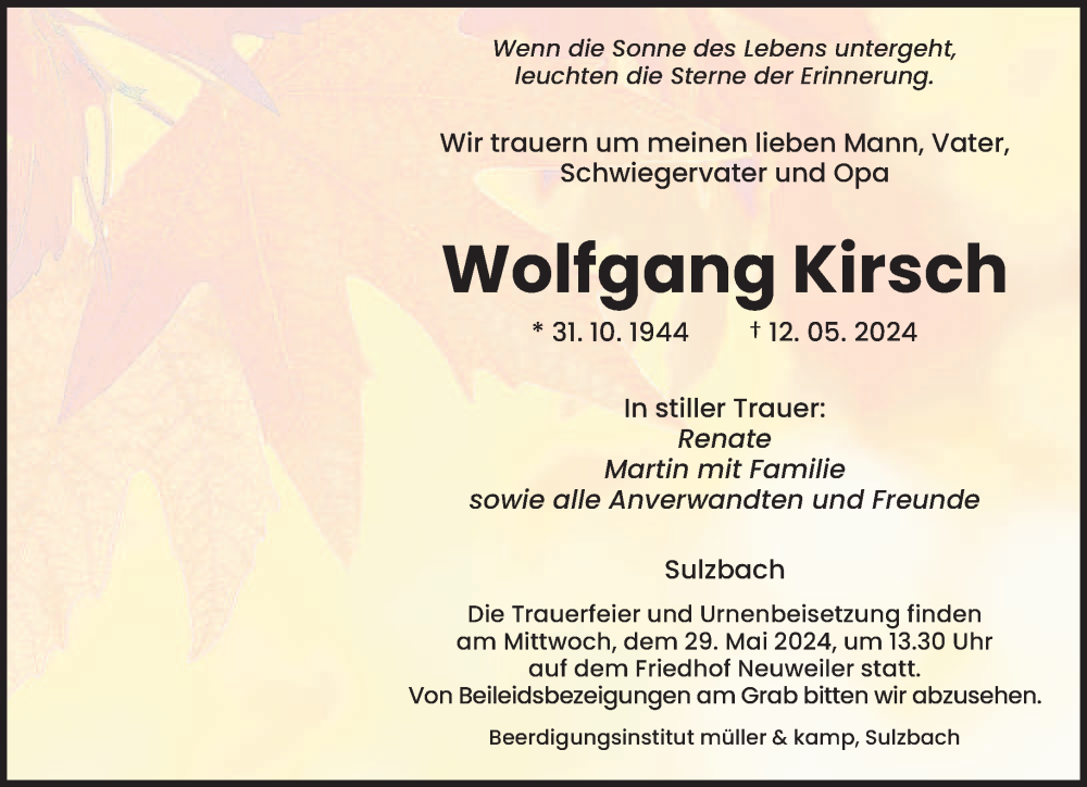  Traueranzeige für Wolfgang Kirsch vom 18.05.2024 aus saarbruecker_zeitung