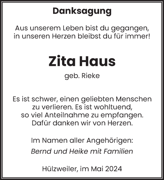 Traueranzeige von Zita Haus von saarbruecker_zeitung