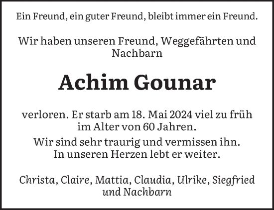 Traueranzeige von Achim Gounar von saarbruecker_zeitung