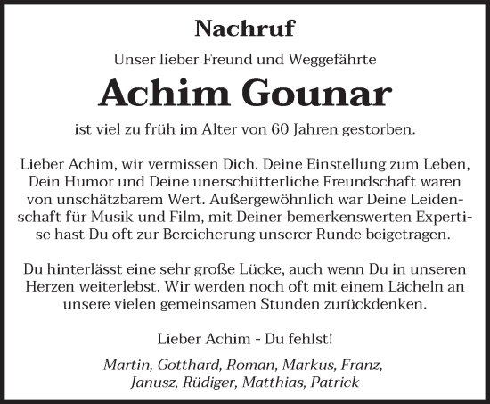 Traueranzeige von Achim Gounar von saarbruecker_zeitung