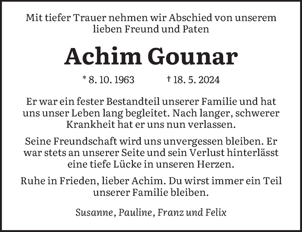  Traueranzeige für Achim Gounar vom 01.06.2024 aus saarbruecker_zeitung