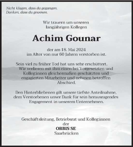 Traueranzeige von Achim Gounar von saarbruecker_zeitung