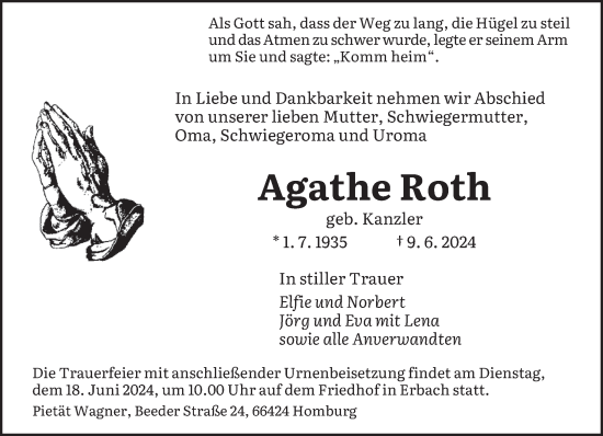 Traueranzeige von Agathe Roth von saarbruecker_zeitung