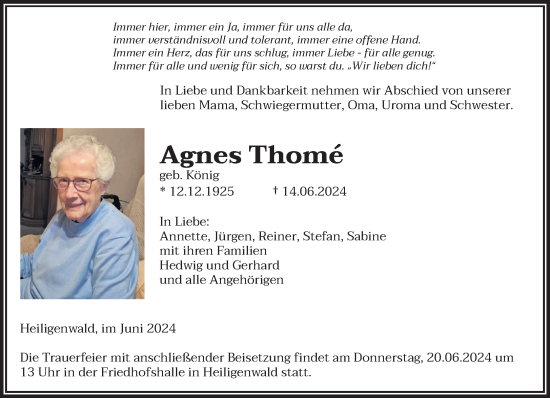 Traueranzeige von Agnes Thome von saarbruecker_zeitung