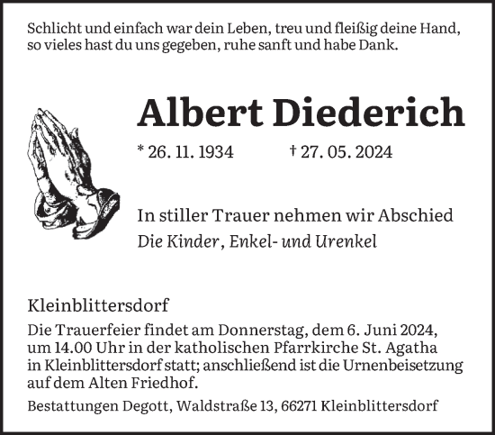 Traueranzeige von Albert Diederich von saarbruecker_zeitung