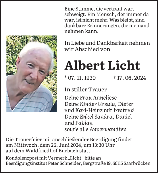 Traueranzeige von Albert Licht von saarbruecker_zeitung