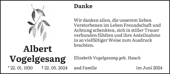 Traueranzeige von Albert Vogelgesang von saarbruecker_zeitung