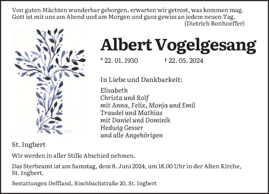 Traueranzeige von Albert Vogelgesang von saarbruecker_zeitung