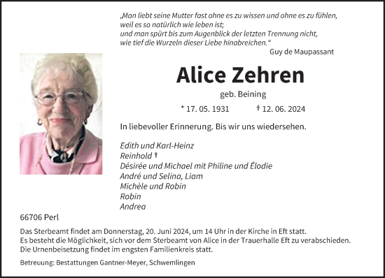 Traueranzeige von Alice Zehren von saarbruecker_zeitung
