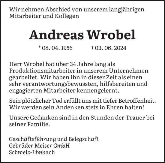 Traueranzeige von Andreas Wrobel von saarbruecker_zeitung