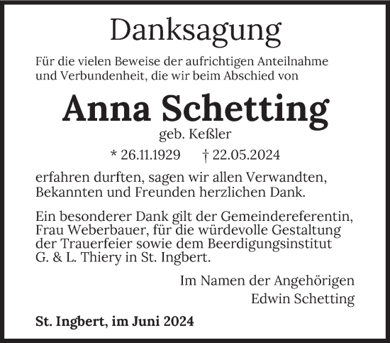 Traueranzeige von Anna Schetting von saarbruecker_zeitung