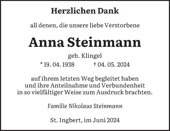 Traueranzeige von Anna Steinmann von saarbruecker_zeitung