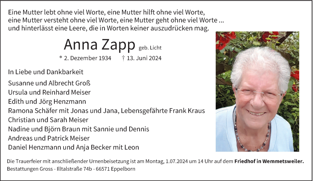  Traueranzeige für Anna Zapp vom 22.06.2024 aus saarbruecker_zeitung