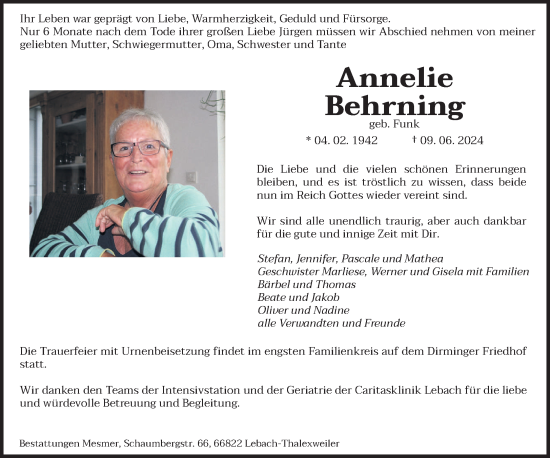 Traueranzeige von Annelie Behrning von saarbruecker_zeitung
