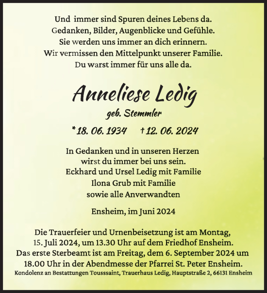 Traueranzeige von Anneliese Ledig von saarbruecker_zeitung