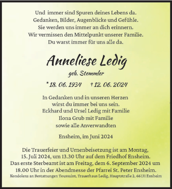 Traueranzeige von Anneliese Ledig von saarbruecker_zeitung