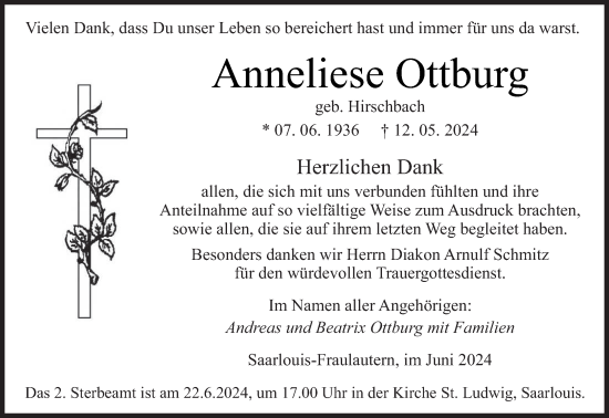 Traueranzeige von Anneliese Ottburg von saarbruecker_zeitung