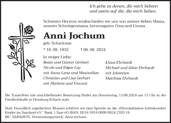 Traueranzeige von Anni Jochum von saarbruecker_zeitung