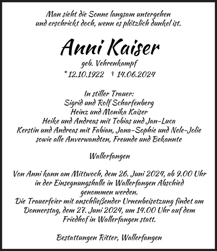 Traueranzeige für Anni Kaiser vom 22.06.2024 aus saarbruecker_zeitung