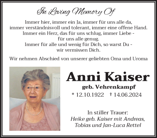 Traueranzeige von Anni Kaiser von saarbruecker_zeitung