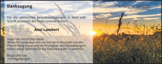 Traueranzeige von Anni Lambert von saarbruecker_zeitung