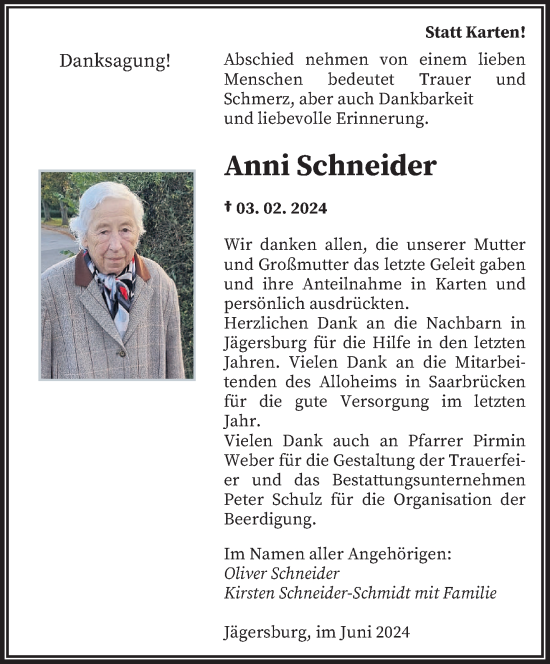 Traueranzeige von Anni Schneider von saarbruecker_zeitung
