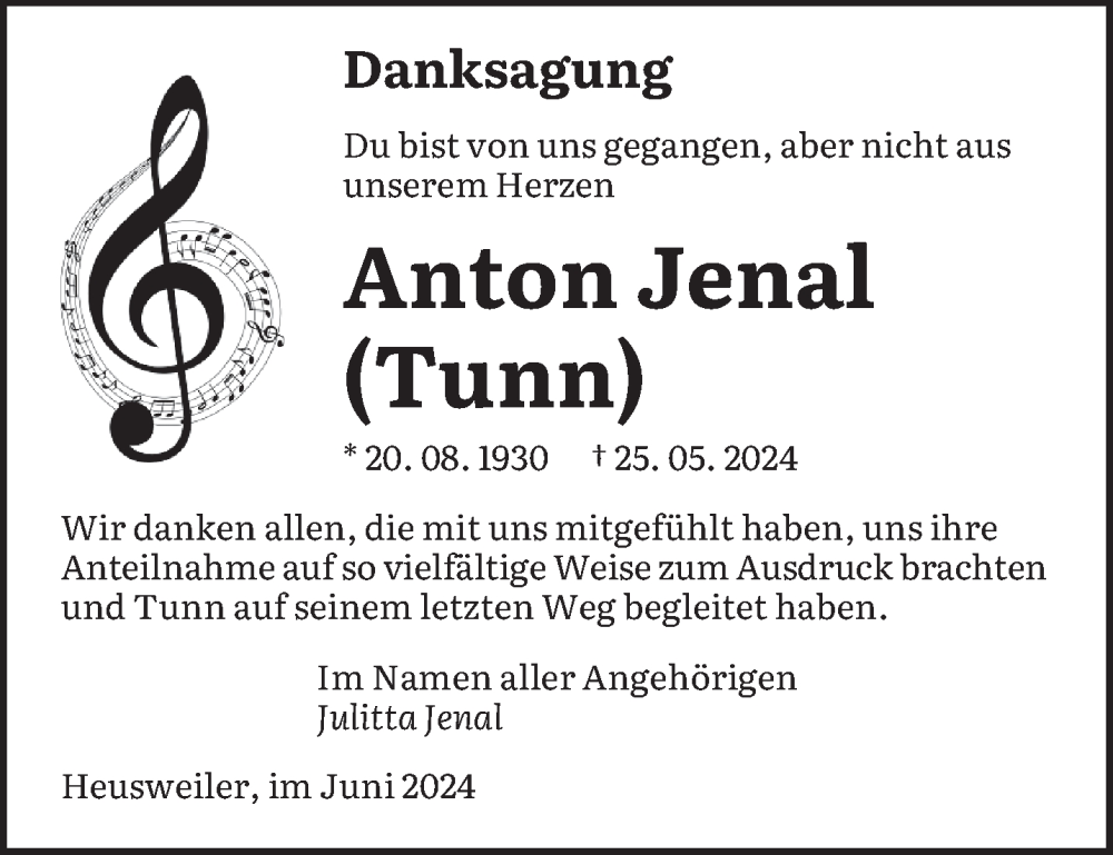  Traueranzeige für Anton Jenal vom 22.06.2024 aus saarbruecker_zeitung