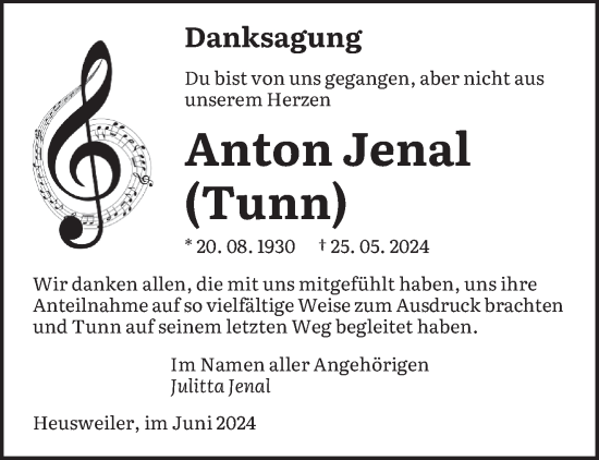 Traueranzeige von Anton Jenal von saarbruecker_zeitung