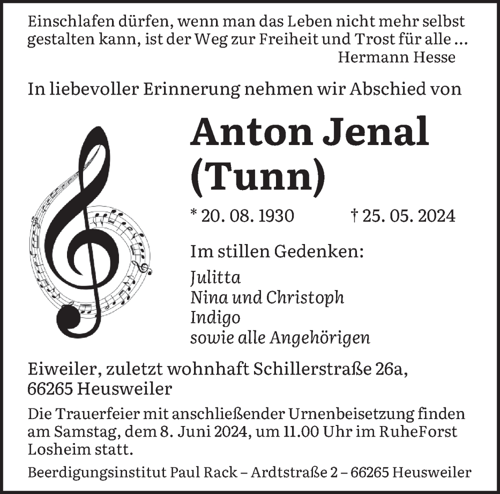  Traueranzeige für Anton Jenal vom 05.06.2024 aus saarbruecker_zeitung