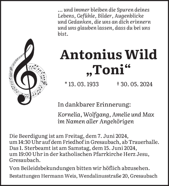 Traueranzeige von Antonius Wild von saarbruecker_zeitung