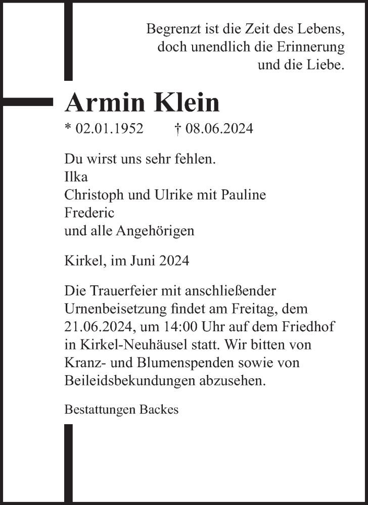  Traueranzeige für Armin Klein vom 15.06.2024 aus saarbruecker_zeitung