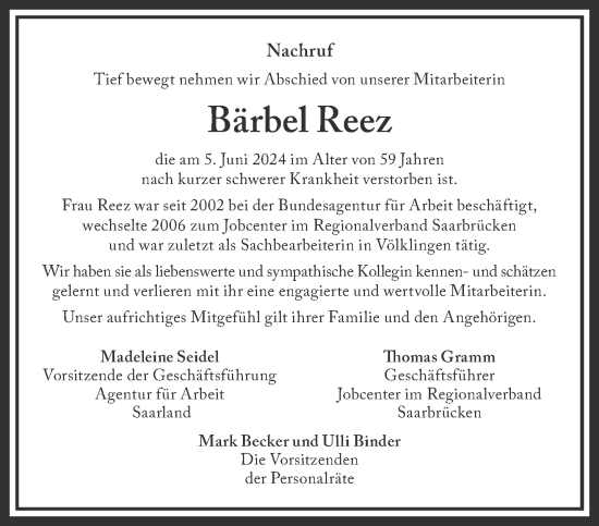 Traueranzeige von Bärbel Reez von saarbruecker_zeitung