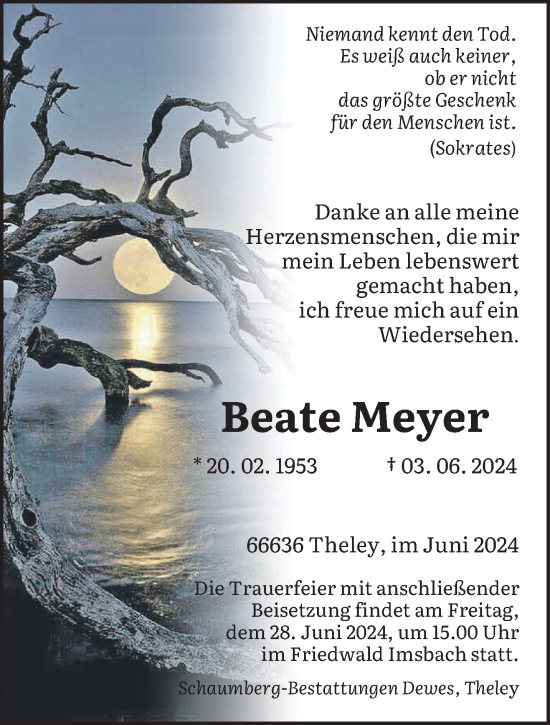 Traueranzeige von Beate Meyer von saarbruecker_zeitung