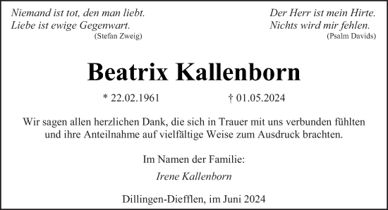 Traueranzeige von Beatrix Kallenborn von saarbruecker_zeitung