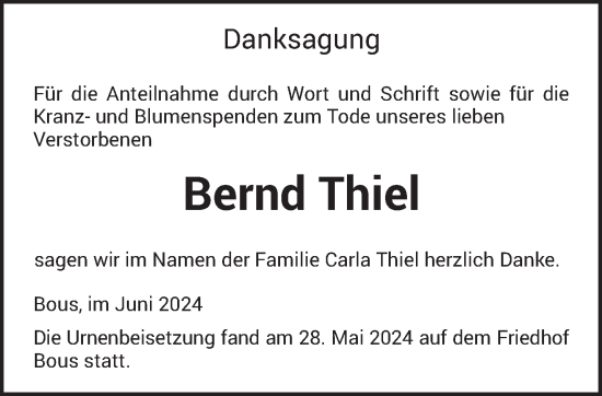 Traueranzeige von Bernd Thiel von saarbruecker_zeitung