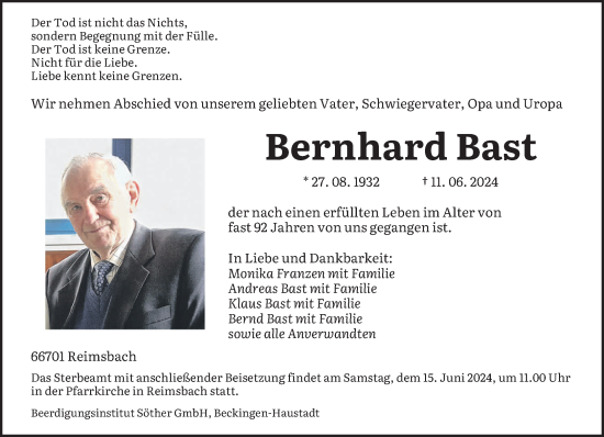 Traueranzeige von Bernhard Bast von saarbruecker_zeitung