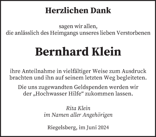 Traueranzeige von Bernhard Klein von saarbruecker_zeitung