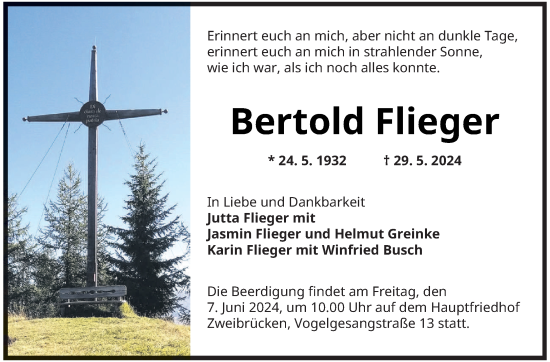 Traueranzeige von Bertold Flieger von saarbruecker_zeitung