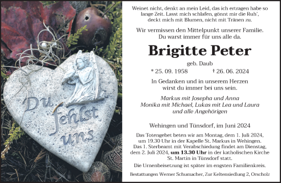 Traueranzeige von Brigitte Peter von saarbruecker_zeitung