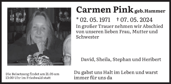 Traueranzeige von Carmen Pink von saarbruecker_zeitung